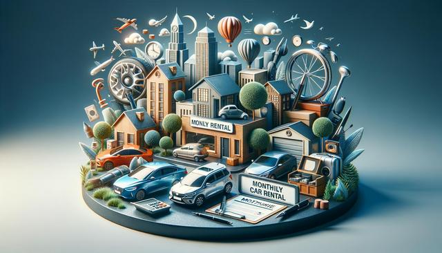 Illustration of a car rental concept with cars, buildings, airplanes, hot air balloons, clocks, and signs reading "Monthly Rental".