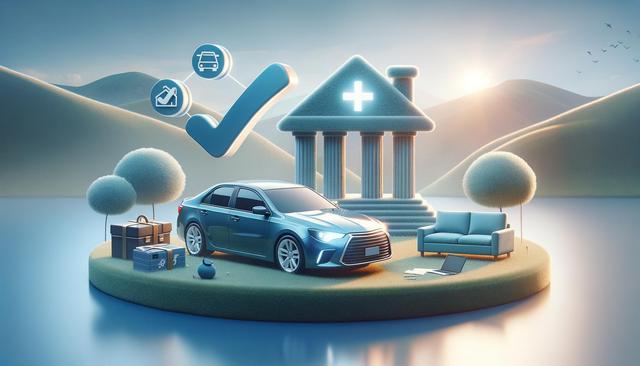 A blue car, suitcase, couch, and a building resembling a bank are on a circular island with trees and icons above, set against a serene landscape.