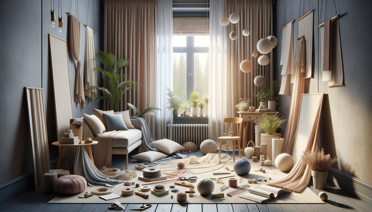 Sunlit room with fabric samples, cushions, and decor items.