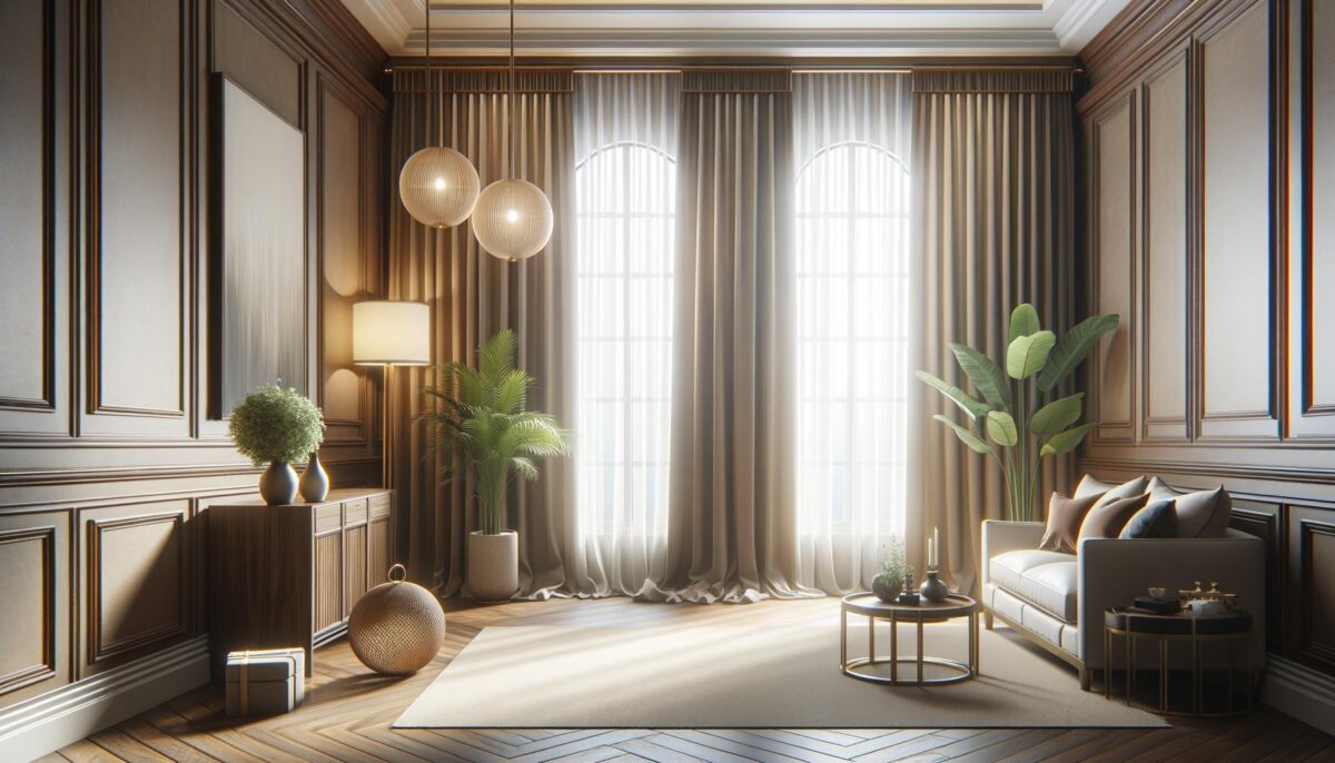 Elegant living room with tall windows, lush plants, modern sofa, and a warm, soft color palette.