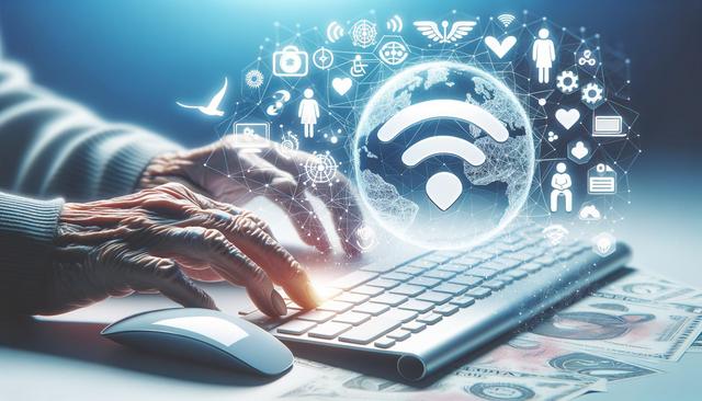Elderly hands typing on a keyboard with digital icons and a globe floating above.