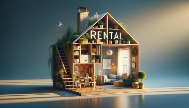 A miniature open house interior with plants, furniture, and "Rental" sign on top.