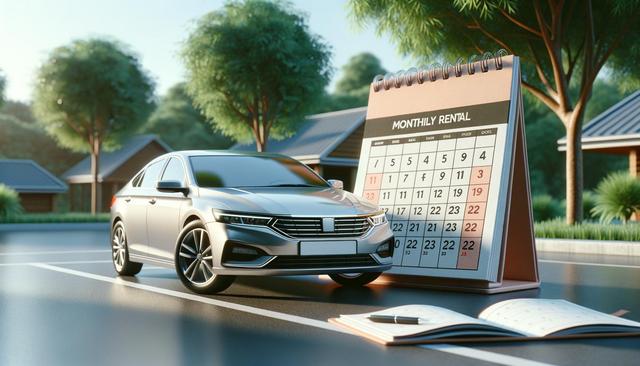 A silver car next to a large monthly rental calendar on a road with trees and houses in the background.