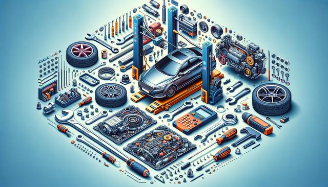 Illustration of a car on a lift surrounded by auto parts and tools, including tires, wrenches, and a diagnostic device.