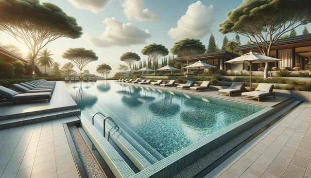 Luxurious outdoor swimming pool with lounge chairs, umbrellas, and surrounding trees under a clear sky.