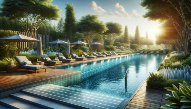 A serene pool with lounge chairs, umbrellas, and lush green trees in a sunny setting.