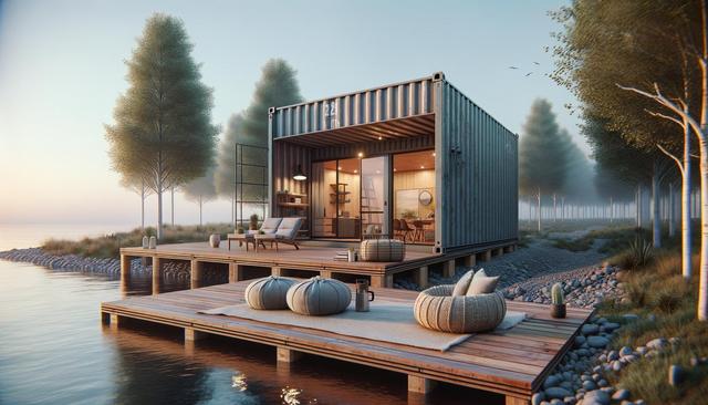 Container home by a lake, surrounded by trees, with a wooden deck and outdoor seating.