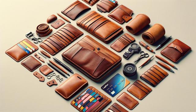 A neatly arranged collection of brown leather accessories, including wallets, belts, cardholders, and pens.