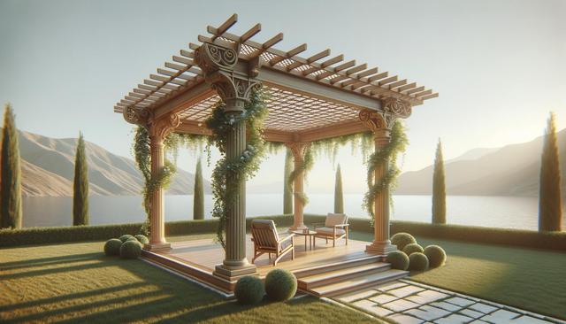 A lakeside pergola with ornate columns and vines, surrounded by trimmed greenery and mountains in the background.
