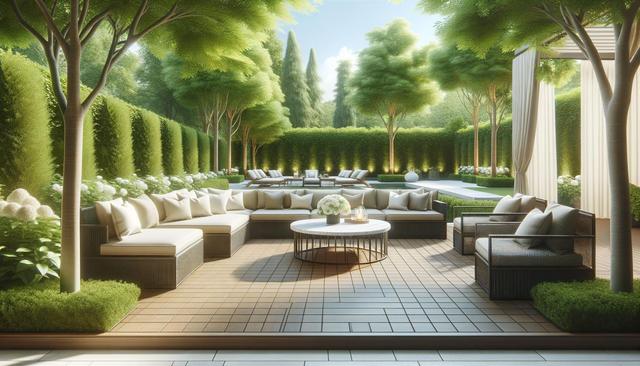 Luxurious garden with a sectional sofa, round marble table, loungers, and trees.
