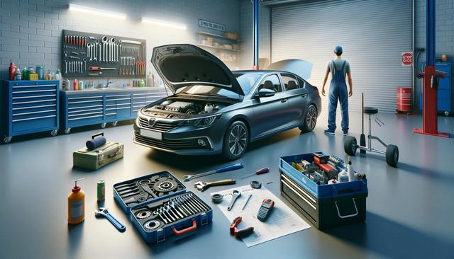 Mechanic garage with a car, open hood, tools on the floor, and a person in overalls facing away.