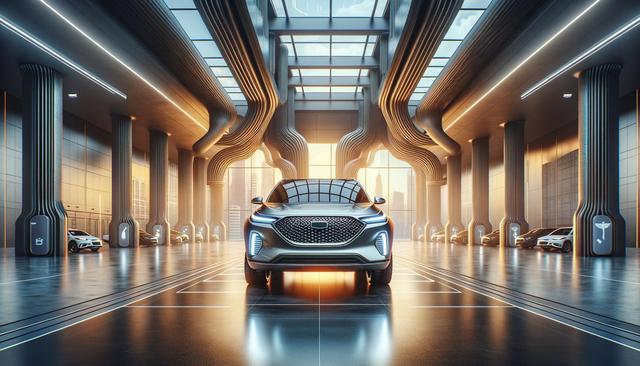 Futuristic showroom with sleek car, tall columns, and soft lighting.
