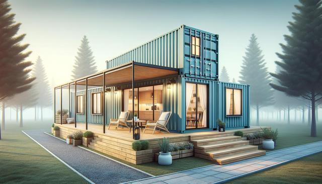 Modern two-story shipping container house with large windows, surrounded by foggy pine trees, featuring wooden patio and outdoor furniture.