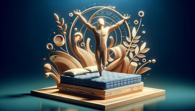 A sculpted wooden figure stands with open arms on a mattress surrounded by intricate, swirling patterns and foliage.