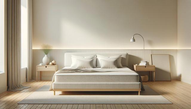 Minimalist bedroom with a beige color palette, featuring a bed with light bedding, two wooden nightstands with decor, and soft lighting.