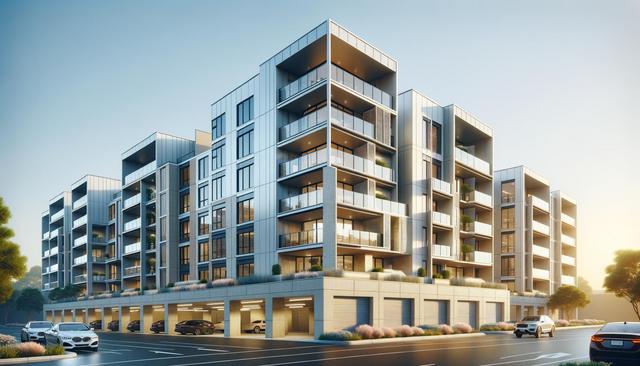 Modern apartment building with glass balconies, silver facade, and cars parked below.