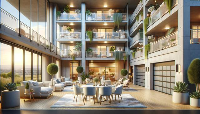 Modern courtyard with balconies, plants, and seating areas, illuminated by warm sunlight.