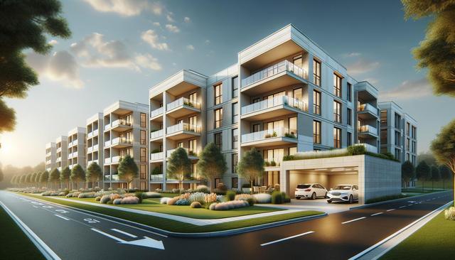 Modern apartment complex with balconies, surrounded by trees and a small garden, next to a road with two parked cars.