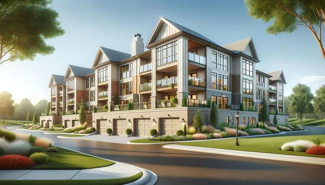 Modern, multi-story apartment building with balconies and large windows, surrounded by landscaped greenery.