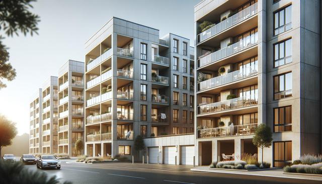 Modern apartment buildings with balconies, trees, and parked cars in a sunny setting.