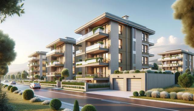 Modern apartment buildings with balconies, surrounded by greenery; cars on the road nearby.