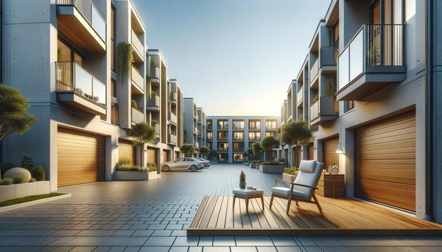 Modern apartment complex courtyard with trees, cars, and outdoor seating.