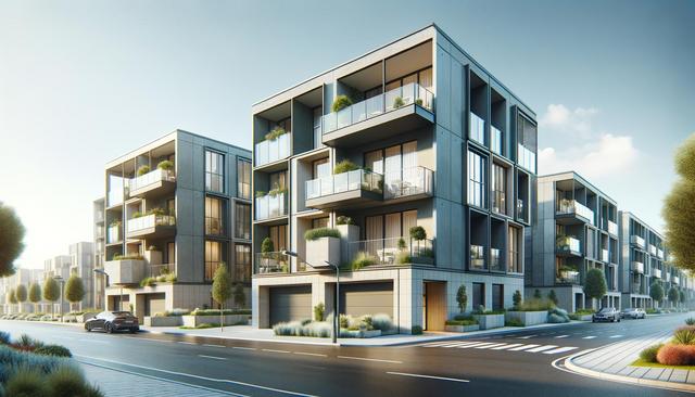Modern apartment buildings with large windows and balconies, surrounded by greenery and a street with cars.