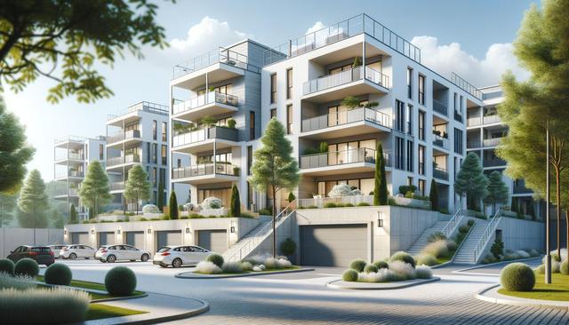 Modern apartment complex with balconies, surrounded by trees and parked cars, under a blue sky.