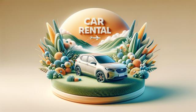 A stylized scene featuring a car on grass with abstract plants and a sunset. "Car Rental" text and an airplane are in the sky.