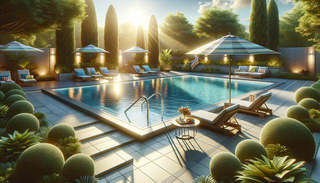 A tranquil poolside scene at sunrise with chairs, umbrellas, and lush greenery.
