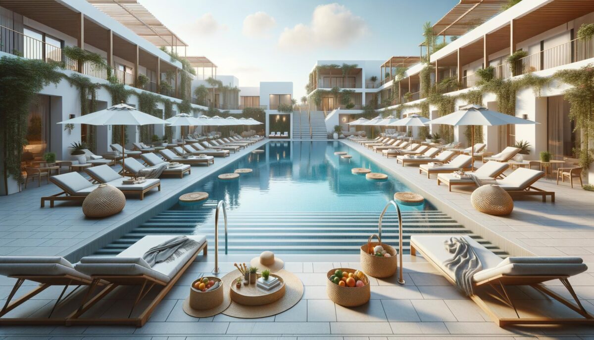 Luxurious pool area with sun loungers, umbrellas, and greenery surrounding a long, inviting swimming pool.