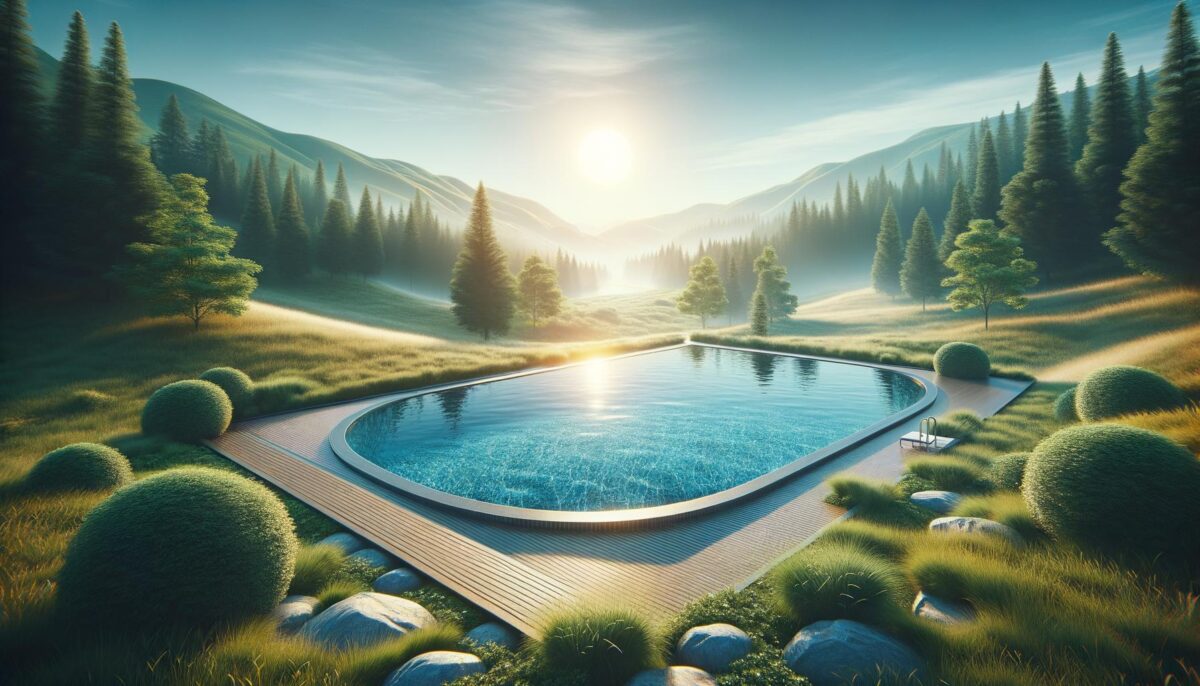 Serene landscape with a rectangular pool, surrounded by lush green hills, trees, and a setting sun.