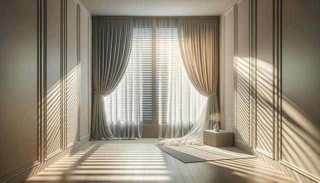 Sunlit room with elegant curtains and striped shadows on the walls and floor.