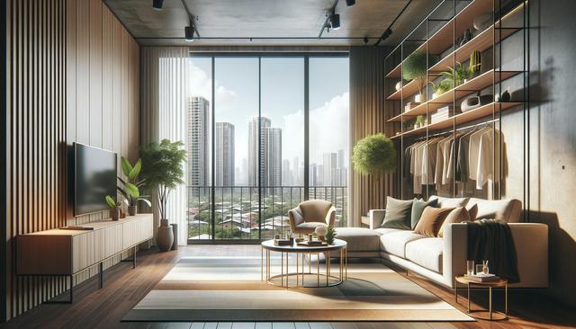 Modern living room with large windows showing a city skyline, featuring a sofa, armchair, and indoor plants.
