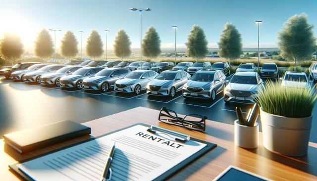 Car rental lot with parked cars under a sunny sky; a clipboard labeled "RENTAL" is on a nearby table.