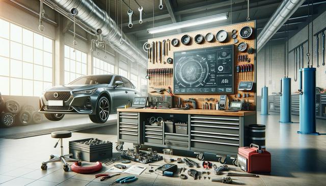 Car repair garage with tools on a workbench, digital displays, and a silver car on a lift.