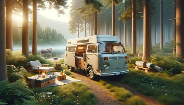 A camper van parked in a serene forest by a lake, with a cozy campsite setup including a chair, table, and lantern.