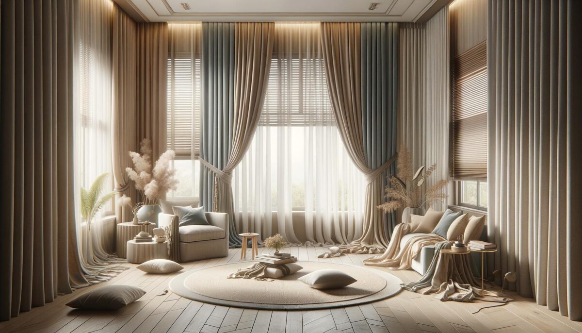 Cozy room with large windows, sheer curtains, neutral tones, a circular rug, and plush seating adorned with cushions.