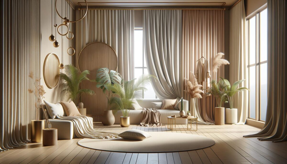 Calm beige room with soft drapes, plants, and modern decor.