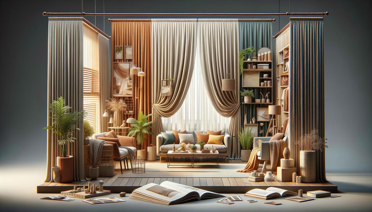 Cozy living room with plush sofas, colorful cushions, plants, books, and draped curtains.