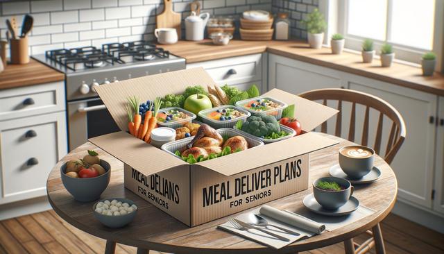 A kitchen table with a box of nutritious meals, fresh vegetables, fruits, and drinks labeled "Meal Delivery Plans for Seniors."