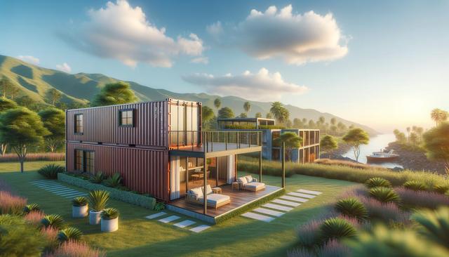Modern container homes with large glass windows in a lush landscape, near mountains and a calm sea with a boat.