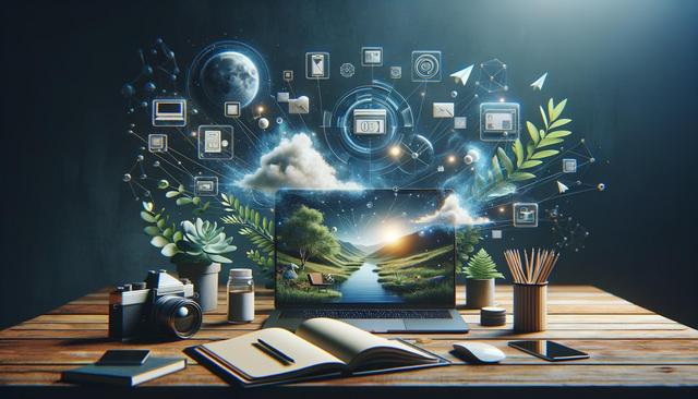 Laptop on a wooden desk with nature scene on screen, surrounded by plants and digital icons floating in the air.