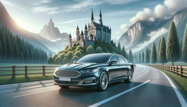 A sleek, black car on a scenic road, with a castle and mountains in the background.