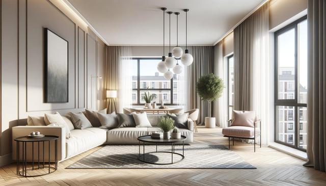 Modern living room with beige sofa, large windows, abstract art, round table, and hanging lights.