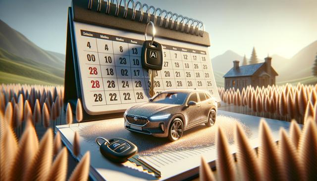 A toy car sits on a calendar page surrounded by wheat fields, with a house in the background and car keys nearby.