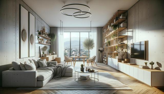 Modern living room with large windows, a cozy gray sofa, circular chandelier, and wooden bookshelves filled with plants.