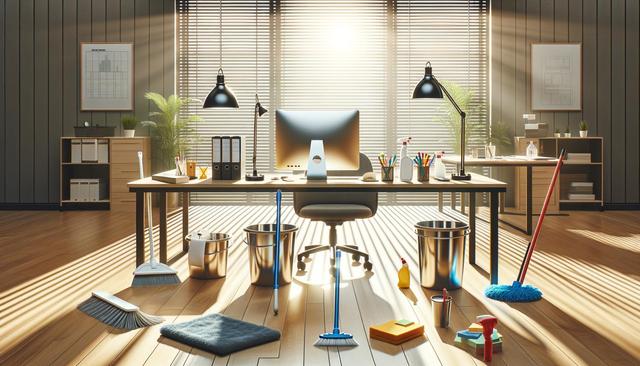 A clean, sunlit office with a desk, computer, plants, and various cleaning supplies like brooms, buckets, and sprays on the wooden floor.