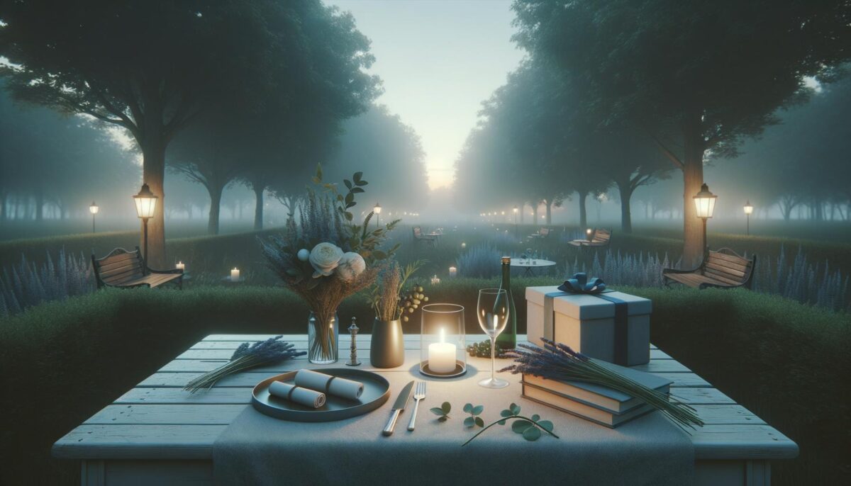 Elegant outdoor table setting with flowers, candles, a gift, surrounded by benches and pathway lights under trees.