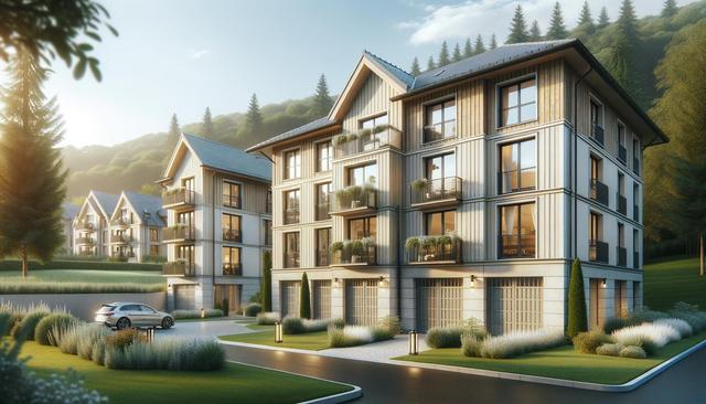 Modern apartment buildings with large windows and balconies, surrounded by lush greenery and a parked car in front.